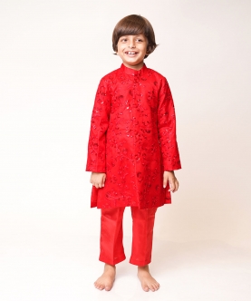 Red Embroidered Sherwani Set