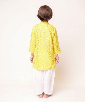 Yellow Jaquard Kurta with White Pyjama