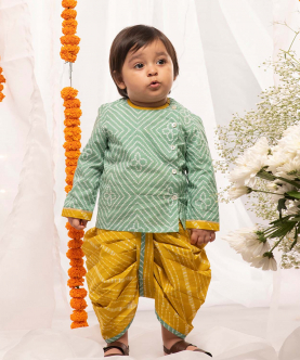 Tiber Taber Baby Boy Dhoti Set Printed Bandhani - Green