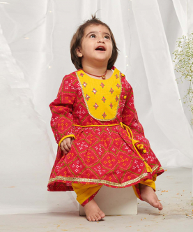 Tiber Taber Baby Girl Angrakha Set Printed Bandhani - Red/Yellow