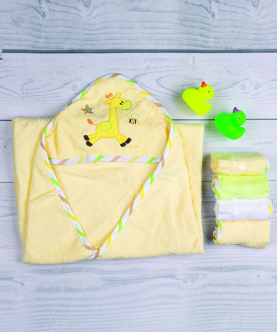Baby Moo Giraffe Yellow Applique Hooded Towel & Wash Cloth Set