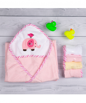 Elephant Pink Applique Hooded Towel & Wash Cloth Set