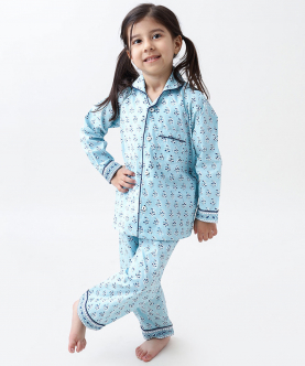 Personalised Lily Blockprint Pajama Set (English Blue) For Kids