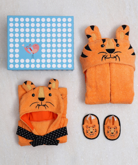 Personalised Spa Time New Born Gift Set (Tiger) With Hooded Towel