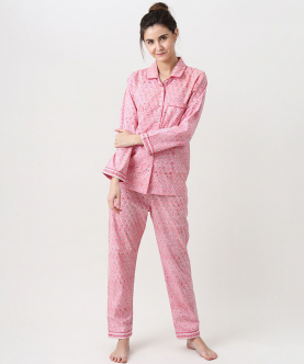 Personalised Lily Blockprint Pajama Set (Watermelon Pink) For Women