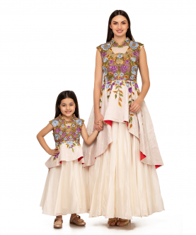 Ivory embroidered peplum mom and kid gown set
