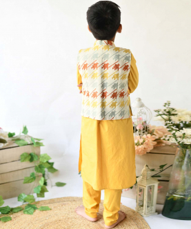 Yellow Kurta With Ikat Print Jacket 