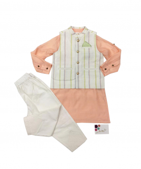 Peach Cotton Silk With Mint Green Pocket Square Kurta With Stripe Linen Bandi And Poplin Pajama With Thread Stitch