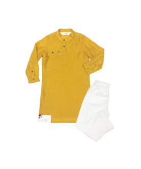 Mustard Cotton Silk Aangraka Style Kurta With White Poplin Pyjama