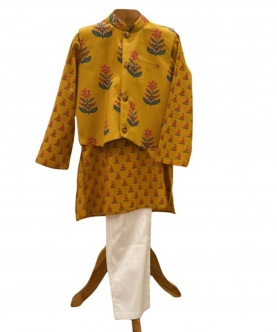 Block Printed Kurta & Glaze Cotton Pyjama With Floral Jacket