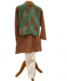 Block Printed Kurta & Glaze Cotton Pyjama With Floral Jacket
