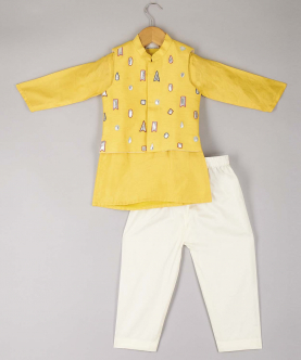 Multi Colour Thread Work Jacket With Yellow Kurta And Pyjama