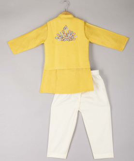 Multi Colour Thread Work Jacket With Yellow Kurta And Pyjama