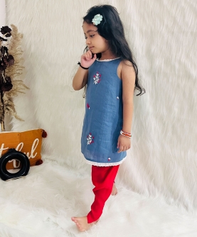 Cotton Embroidered Kurti With Suit Set For Baby Girl