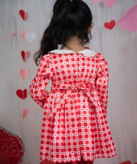 Girls Printed Checks & Cupid Heart Love 3/4 Th Sleeves Dress