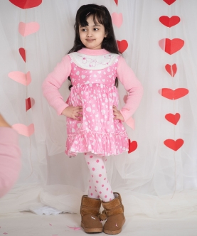Babypink & White Heart Printed Dress For Girls