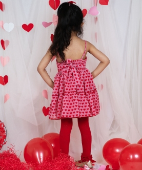 Sleeveless Heart Print Red & Pink Frock