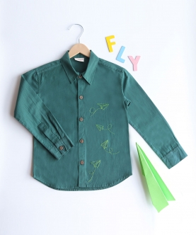Fly High Embroidered Formal Shirt - Bottle Green