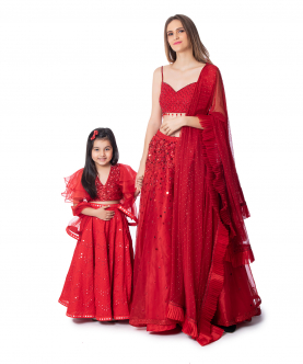 Mini Me Red Mirrored Skirt With Sequin Choli
