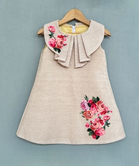 Jute Linen Dress With Floral Applique