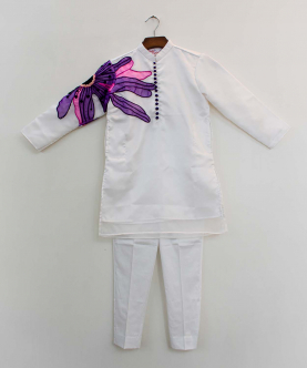 Hand Embroidered White Abstract Floral Work Kurta Pant