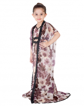 Daisy Grey Floral Printed Pallazo With Blouse and Cape For Kids