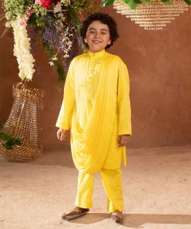 Meherzad-Embroidered Yellow Nehru Jacket Paired With Drape Kurta & Trouser Set 