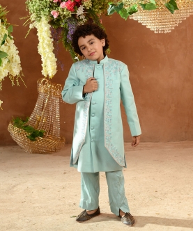 Maherwan-Embroidered Blue Achkan Trouser Set 