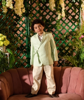 Afna Pastel Green Blazer Paired With Vegan Silk Trouser Set 