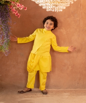 Meherzad -Embroidered Organic Cotton Dobby Yellow Nehru Jacket