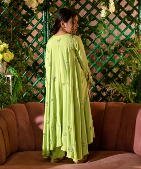 Viviana-Embroidered Vortex Green Angrakha Kurti Pants 