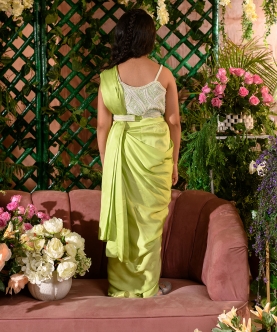 Sanobar-Embroidered German Satin Green Drape Saree Blouse Set Of 3 