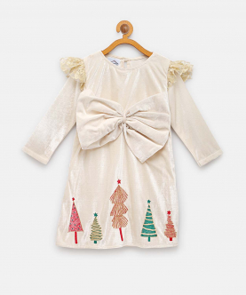 Off White Christmas Tree Velvet Bow Dress With Matching Facemask