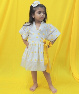Offwhite And Yellow Polka Handblock Printed Dress