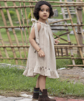 Rocio Abalone Colour Linen Dress With Kantha Hand-Embroidery