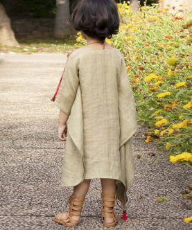 Arunima White-Olive Green Linen-Dress With Kantha Hand-Embroidery