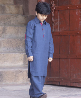 Niran Navy Blue Linen Pathani Suit With Kantha Embroidery