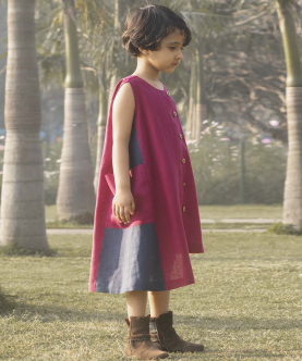 Zarra Crimson Pink Linen Dress With Kantha Hand-Embroidery