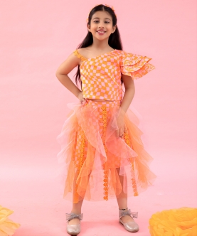 One Off Shoulder Crop Top With Orange Check Print Skirt