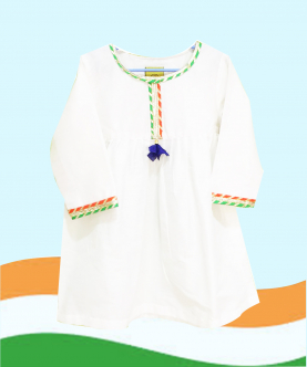 White Soft Kurta With Green Orange Kota Lace &  Blue Fabric Tassel