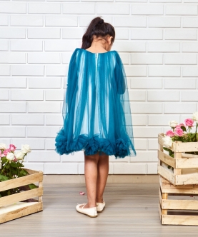 Blue Pompom Flared Dress