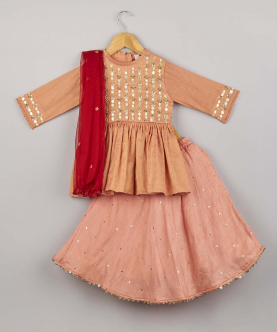 Peach Thread Work And Embroidered Top With Lehenga And Dupatta