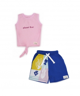 Pink Planet First Slogan Vest with Reef Printed Shorts Set
