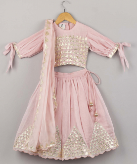 Pink Triangle Lace Work Top With Lehenga And Dupatta