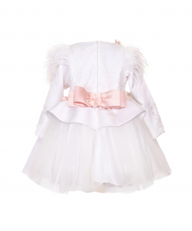 White Lace Bodice Peplum With Tulle Skirt And Dupion Pink Lace Flowers