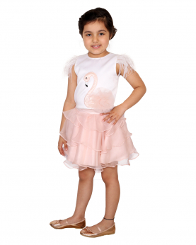 White Base With Peach Satin Flamingo Applique Top And Silk Organza Ruffle Skirt
