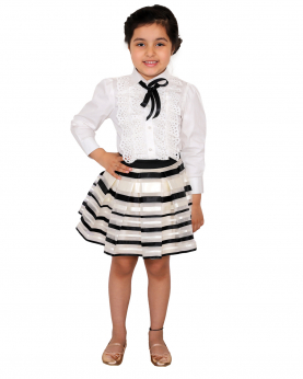 White Cotton Lycra Shirt With Lace & Black White Ribbon Skirt