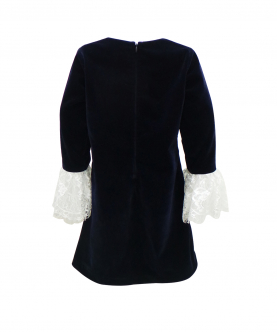 Navy Blue Velvet With Lace Yolk And Sleeves