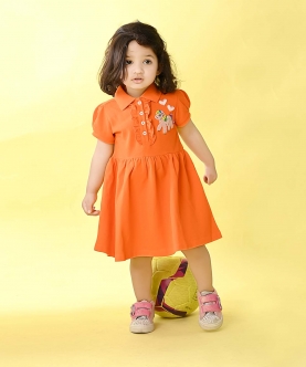 Orange Polo Dress With Gathers At Waist And Puffed Sleeves