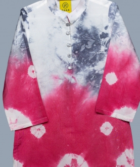 Grey Pink Tie & Dye Kurta With Button And Off White Pant